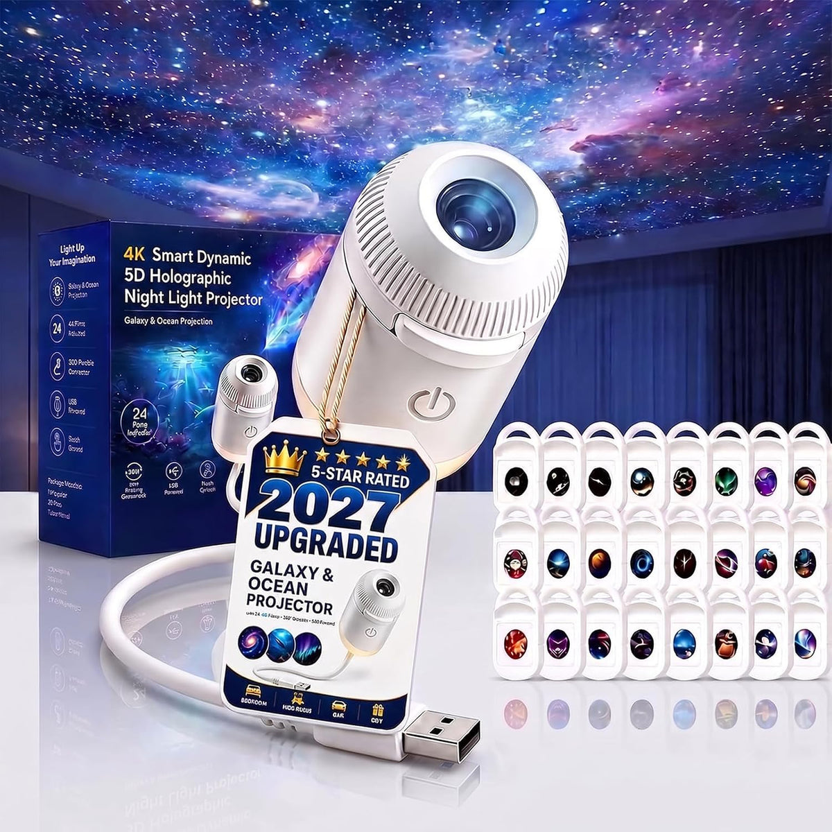 2027 Upgraded Galaxy & Ocean Projector, Plug and Play Hd Star Projector, 360° Adjustable Hd Smart Dynamic 5D Holographic Night Light Projector for Bedroom Ceiling (3 Projection Films)
