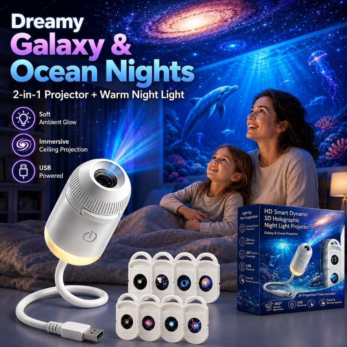 2027 Upgraded Galaxy & Ocean Projector, Plug and Play Hd Star Projector, 360° Adjustable Hd Smart Dynamic 5D Holographic Night Light Projector for Bedroom Ceiling (3 Projection Films)