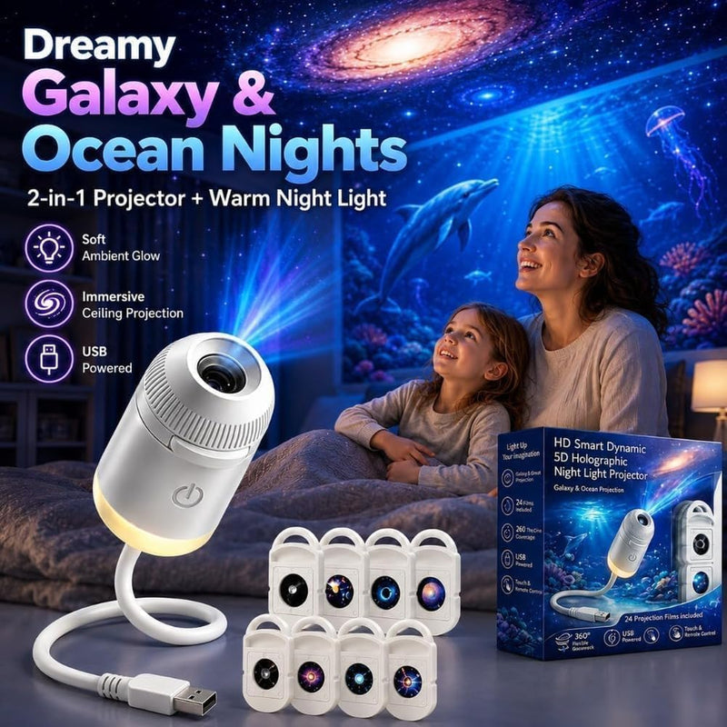 2027 Upgraded Galaxy & Ocean Projector, Plug and Play Hd Star Projector, 360° Adjustable Hd Smart Dynamic 5D Holographic Night Light Projector for Bedroom Ceiling (3 Projection Films)
