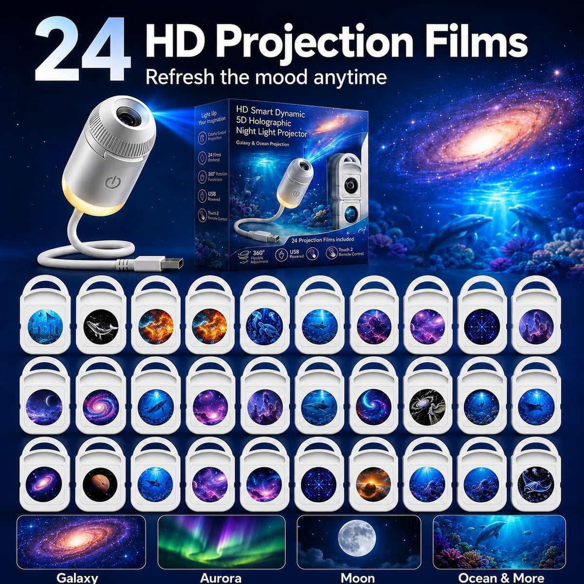 2027 Upgraded Galaxy & Ocean Projector, Plug and Play Hd Star Projector, 360° Adjustable Hd Smart Dynamic 5D Holographic Night Light Projector for Bedroom Ceiling (3 Projection Films)