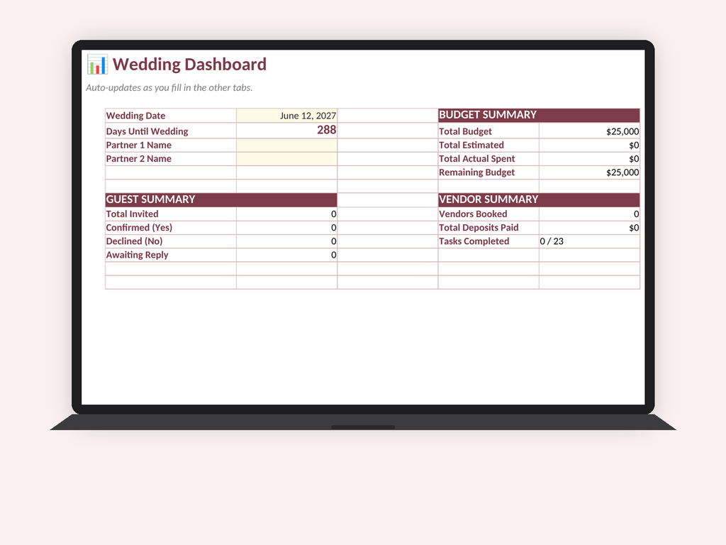 Digital Wedding Planner dashboard on laptop