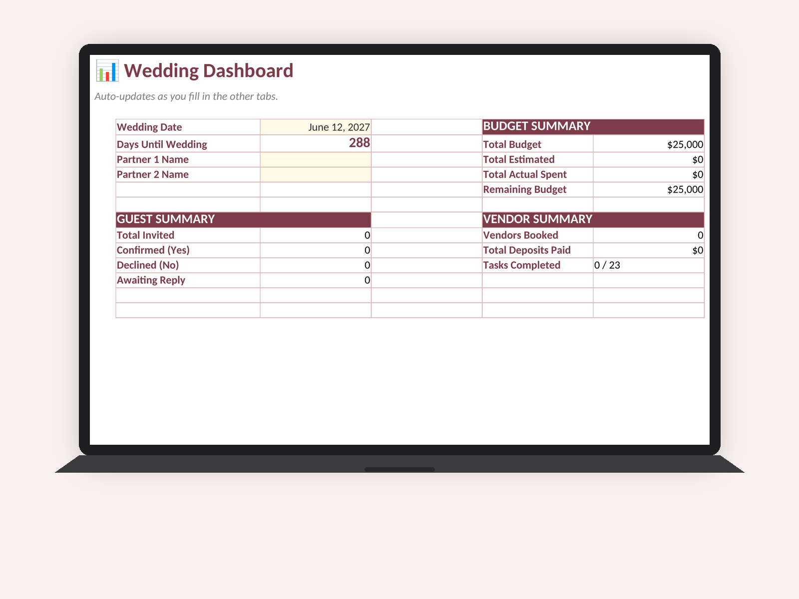 Digital Wedding Planner dashboard on laptop